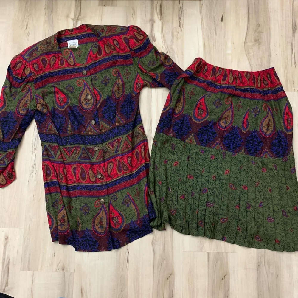 Vintage Kwai 80s Paisley Linen 2 Piece Skirt Suit Green Red 10 ILGWU
